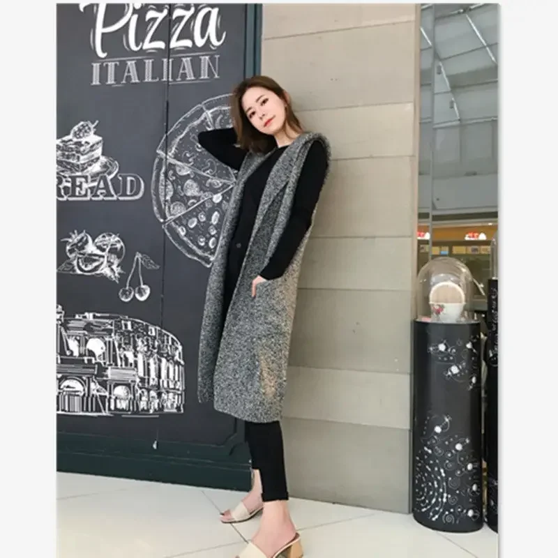 Women Spring Winter  Knitted Vest Female Long Thick Sleeveless Sweater Wasitcoats Ladies Solid Hooded Cardigans Z144