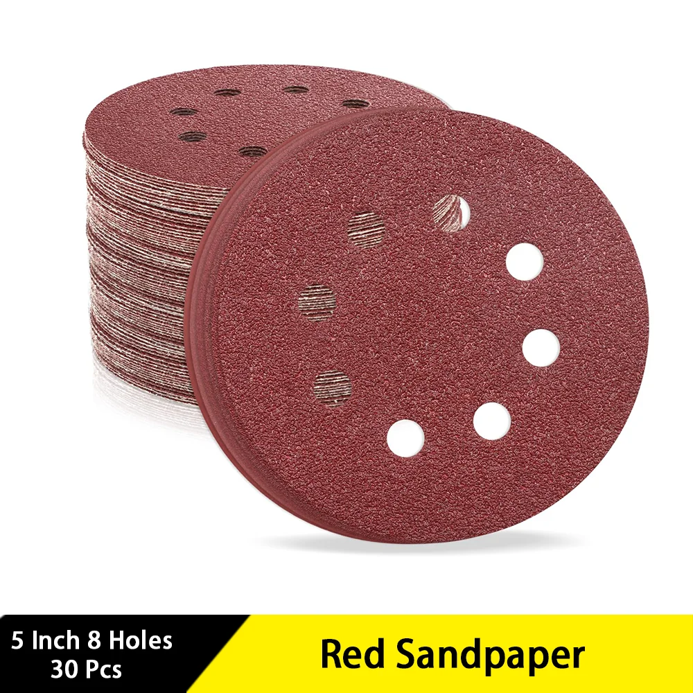 

5 Inch 8 Hole Sanding Discs 30 Pcs Round Hook and Loop Sandpaper Assortment 40 80 120 220 400 800 Grits for Wood Grinding