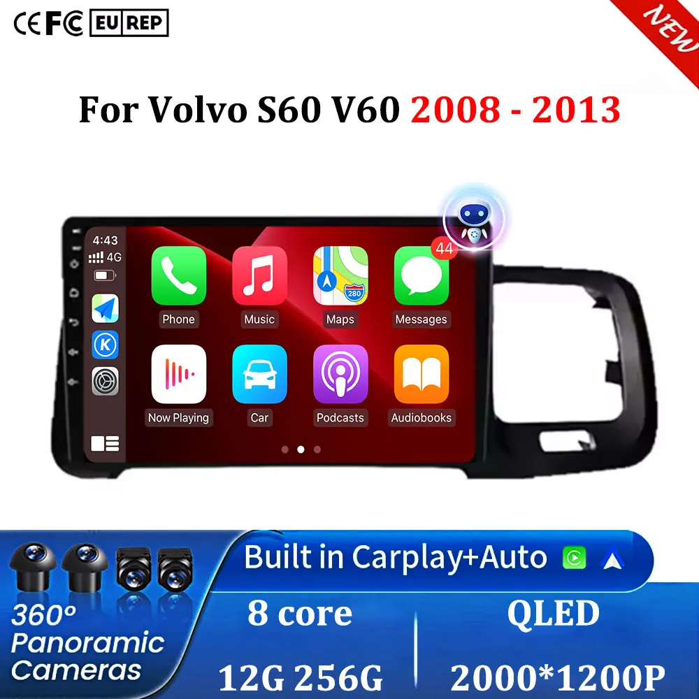 Android 16 Carplay Auto 2K QLED Screen Car Radio Player For Volvo S60 V60 2008 - 2013 GPS Multimedia Wifi BT Navigation