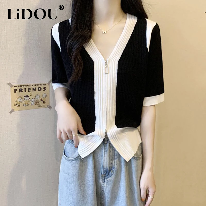 Summer New Korean Fashion Simple Patchwork Zipper Tees Ladies Short Sleeve Casual Cardigan Top Women Streetwear All-match T-shir