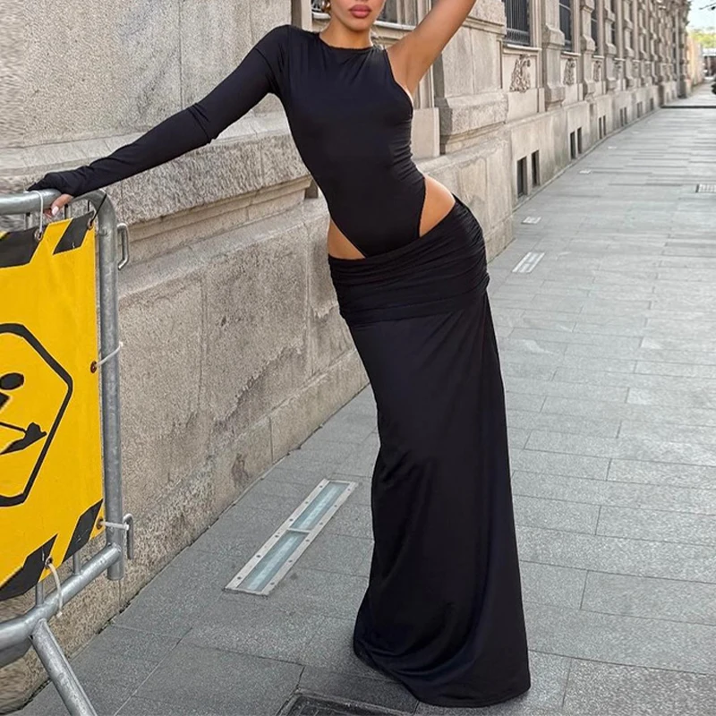 بدلة OMSJ للسيدات باللون الأسود للتخسيس ومنظور غير متماثل بكتف واحد + تنانير ضيقة ملفوفة على الورك قابلة للطي ملابس عصرية للنوادي والشارع #5