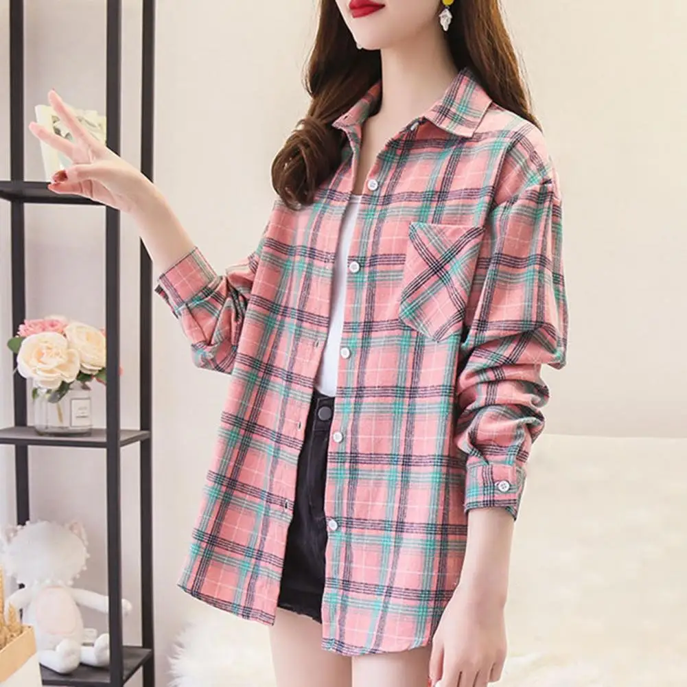 Camisa con estampado a cuadros para mujer, Blusa de manga larga con cuello vuelto, bolsillo de parche de un solo pecho, camisa holgada informal para mujer