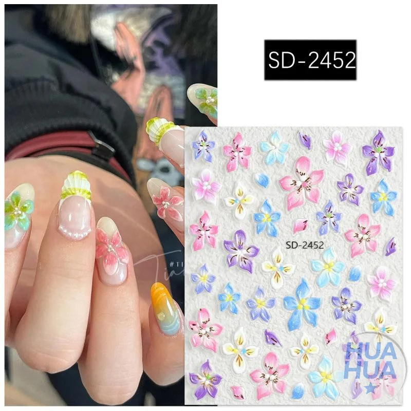 ZZ 5D Colorful Lily Petals Relief Nail Art Sticker Multicolor Dimensional Petal Blossom Embossed Texture Vibrant Flower Manicure