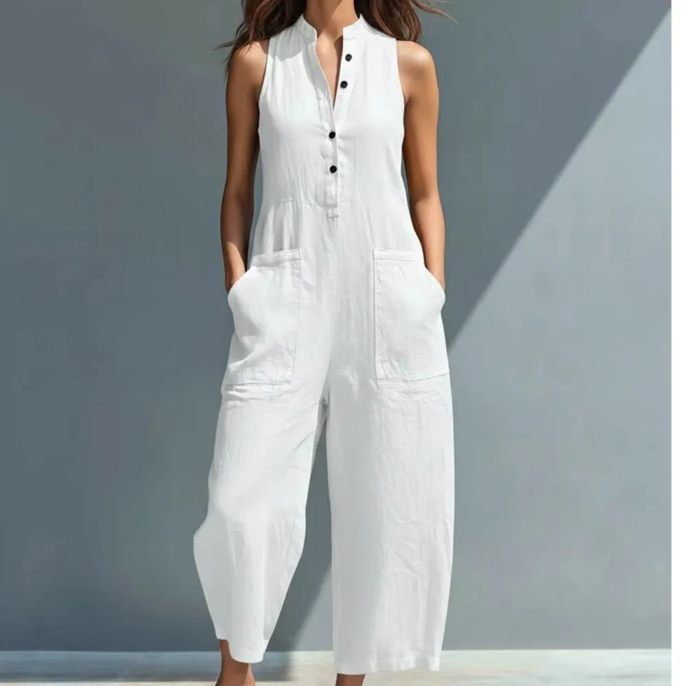 

Solid Color Jumpsuit Summer Women's Casual Women's Sleeveless Stand-up Collar Single-breasted Pocket Jumpsuit Ropa Para Mujer