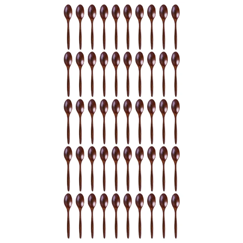 ABFY-Wooden Spoons, 50 PCS Wood Soup Spoon Set, Long Handle Natural Wood Table Spoons 7.3 Inches