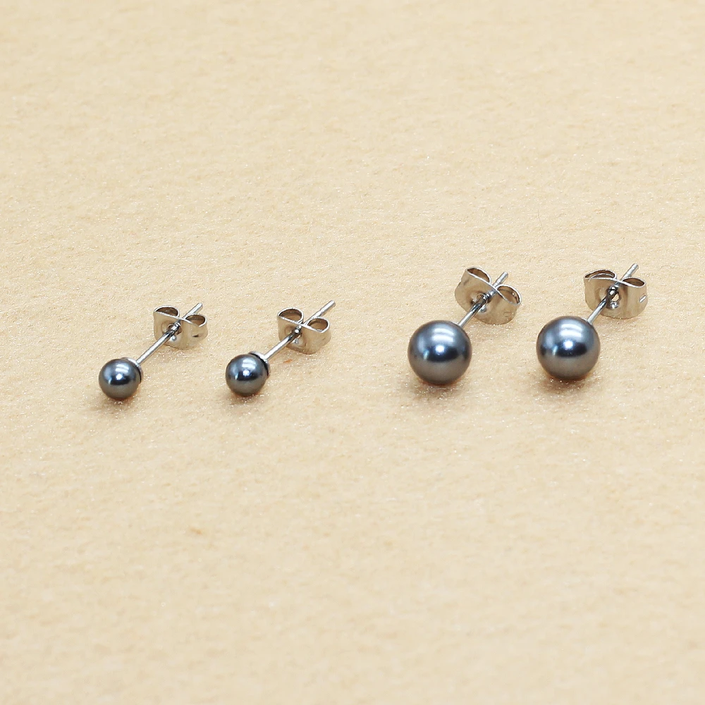 Brief Style Stainless Steel With Nature Shell Beads Dark Grey Pearls Pearl Push-back Stud Earrings 4/6/8/10mm Allergy Free