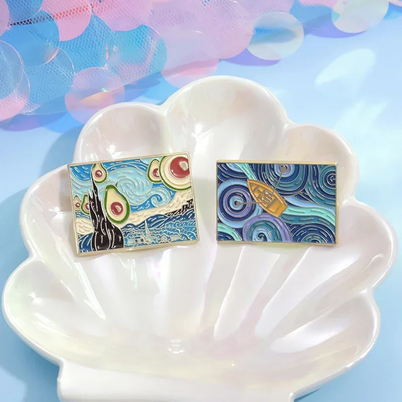 Oil Painting Night Starry Sky Enamel Pins Artist Van Gogh Mountains Rivers Sunflowers Brooches Lapel Pin Backpack Clothes Badge