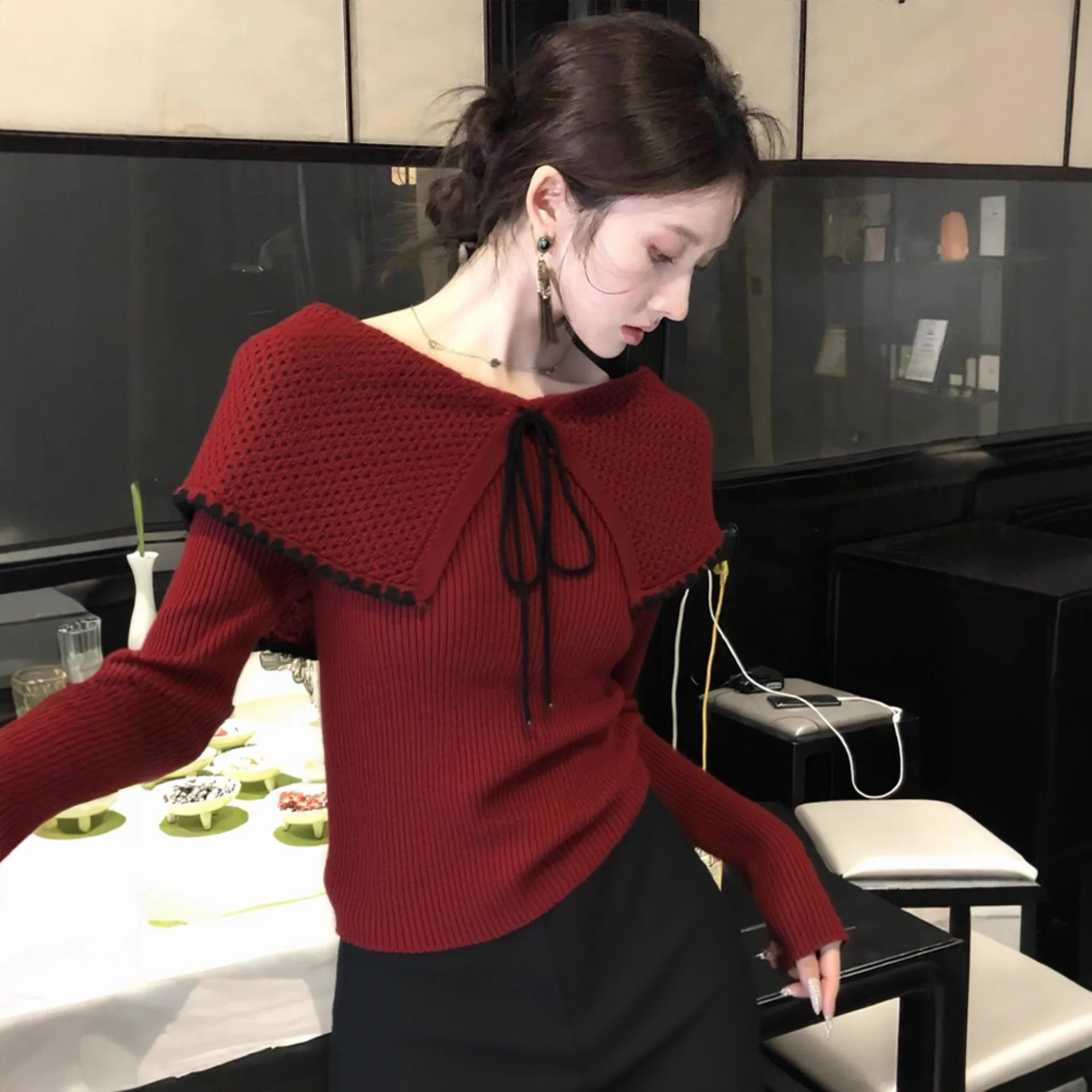 Christmas New Year Knitted Sweater Women's Autumn Winter Slim Fit Shoulder Bared Collar Stand up Top Christmas Theme