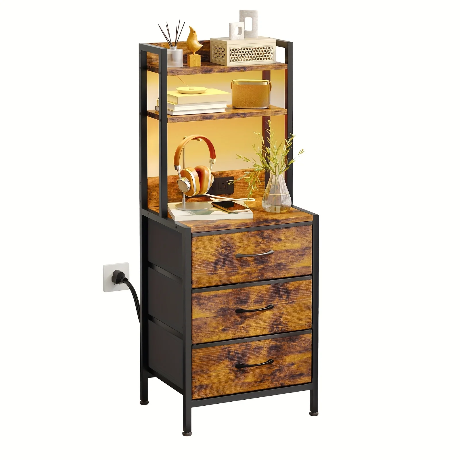 

41'' LED Nightstand with USB Ports & Outlets, Tall Bedside Table with Charging Station, 3-Drawer PU Fabric Storage Cabinet, Heavy Duty End Table for Apartment, Dorm Room & Living Room Decor, Brown&Black