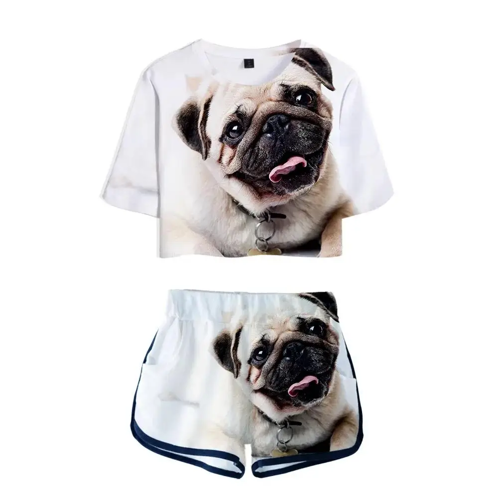 Summer 3D Pug Exposed Navel T-shirt+Shorts Women's Two-piece Sets Fashion Animal Dog Casual Girl's Yellow+White Two-piece Sets