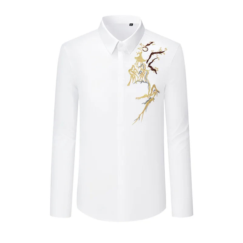 

Luxury Embroidered Men's Long Sleeved Shirt Chinese Style Casual Business Social Shirt High End Social Banquet Party Shirts 2025