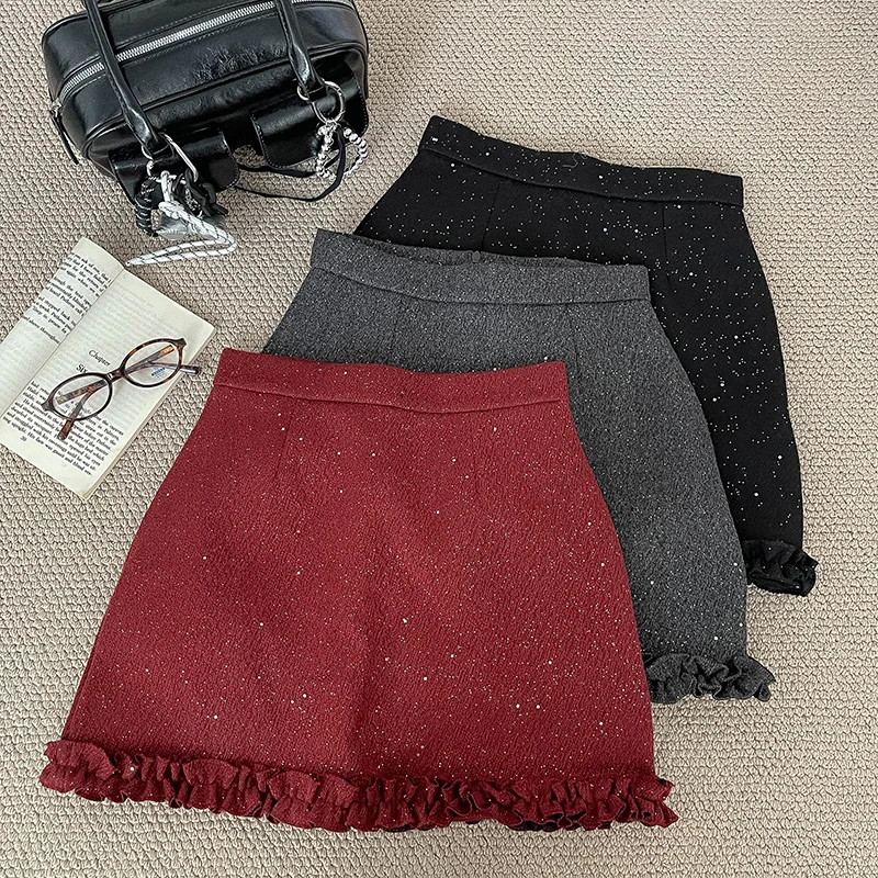 

Элегантная шерстяная полуюбка с рюшами и блестками для женщин, осенняя тонкая юбка трапециевидной формы с высокой талией, корейские универсальные мини-юбки