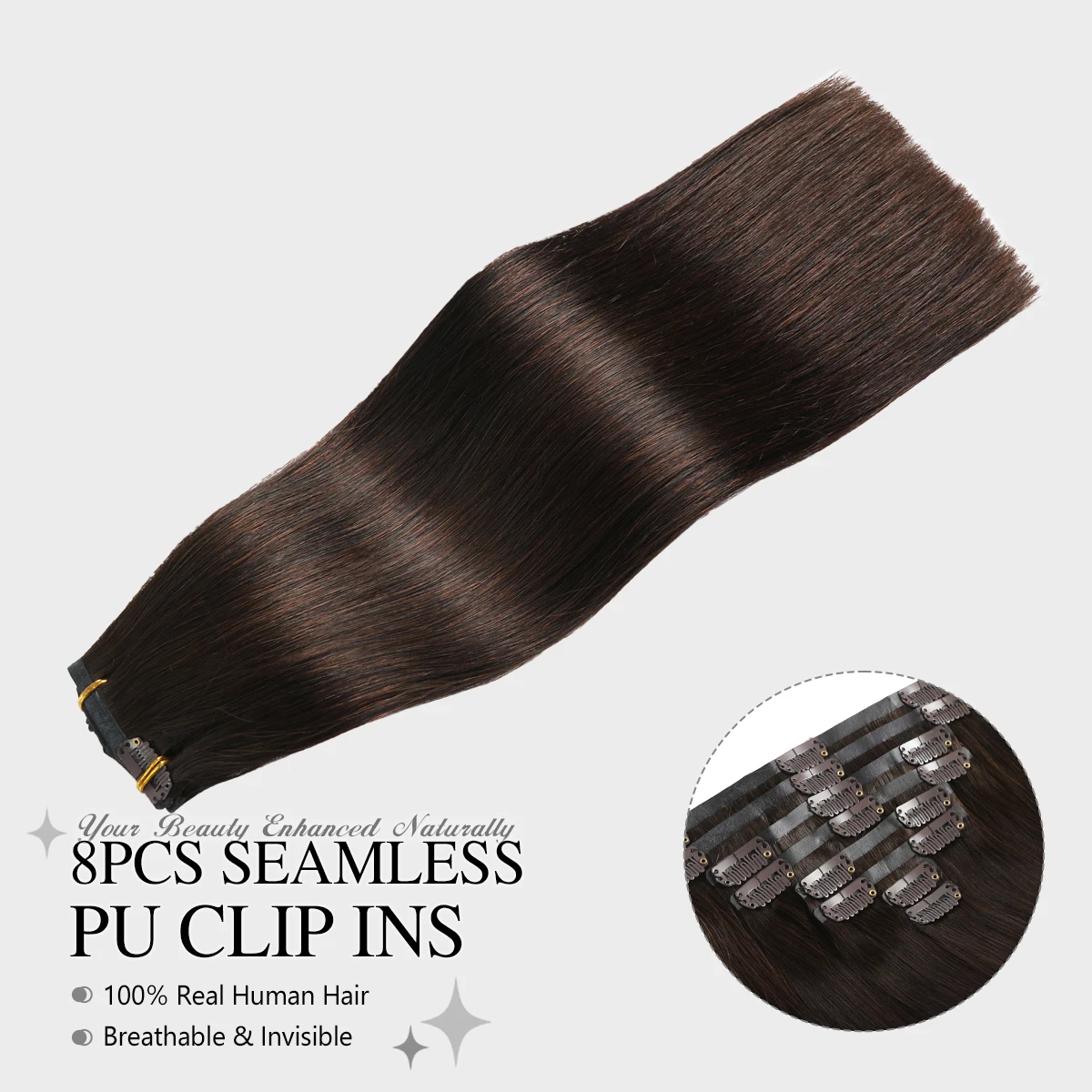 

YILITE 8 шт. Темно-коричневый # 2 бесшовных накладных пучка из 100% натуральных человеческих волос, 110-120 г, невидимые, комфортные, естественно вписывающиеся