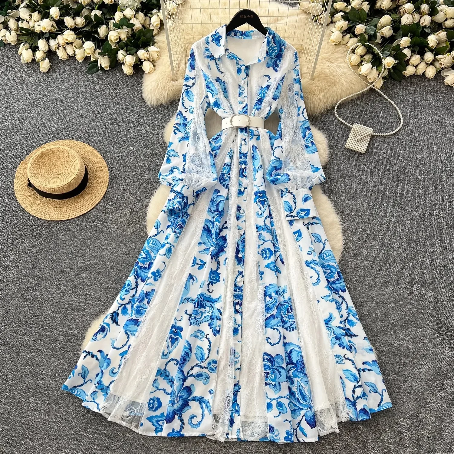 Greenora Palace Floral Maxi Dress Women Holiday Long Dress Shirt 2025 Spring Long Sleeve Single Breasted Lace Patchwork Party