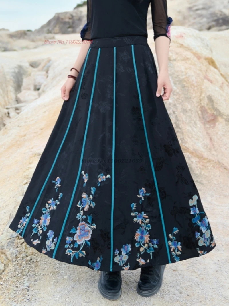

2025 chinese vintage flower embroidered ethnic skirt traditional elastic waist satin jacquard skirt retro a-line folk skirt