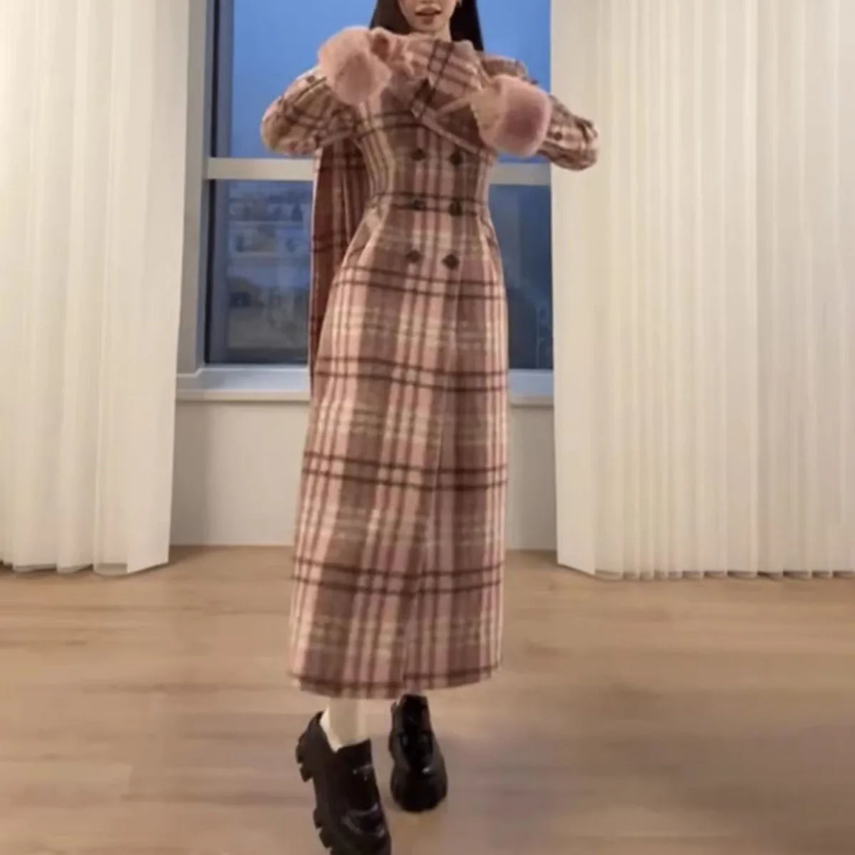 KWTX 2025 معطف نسائي جديد 100% صوف مزدوج الصدر منقوش كولوربلوك الخصر مقصوص الفراء تقليم سميكة الشتاء أنيقة عادية #6