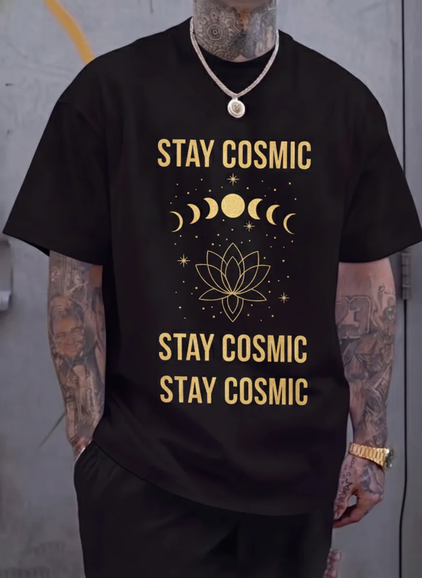 

Black Cosmic Graphic Tee with Metallic Gold Moon Phases and Lotus Illustration. Stay Cosmic Slogan Printed Tee for Casual Wear