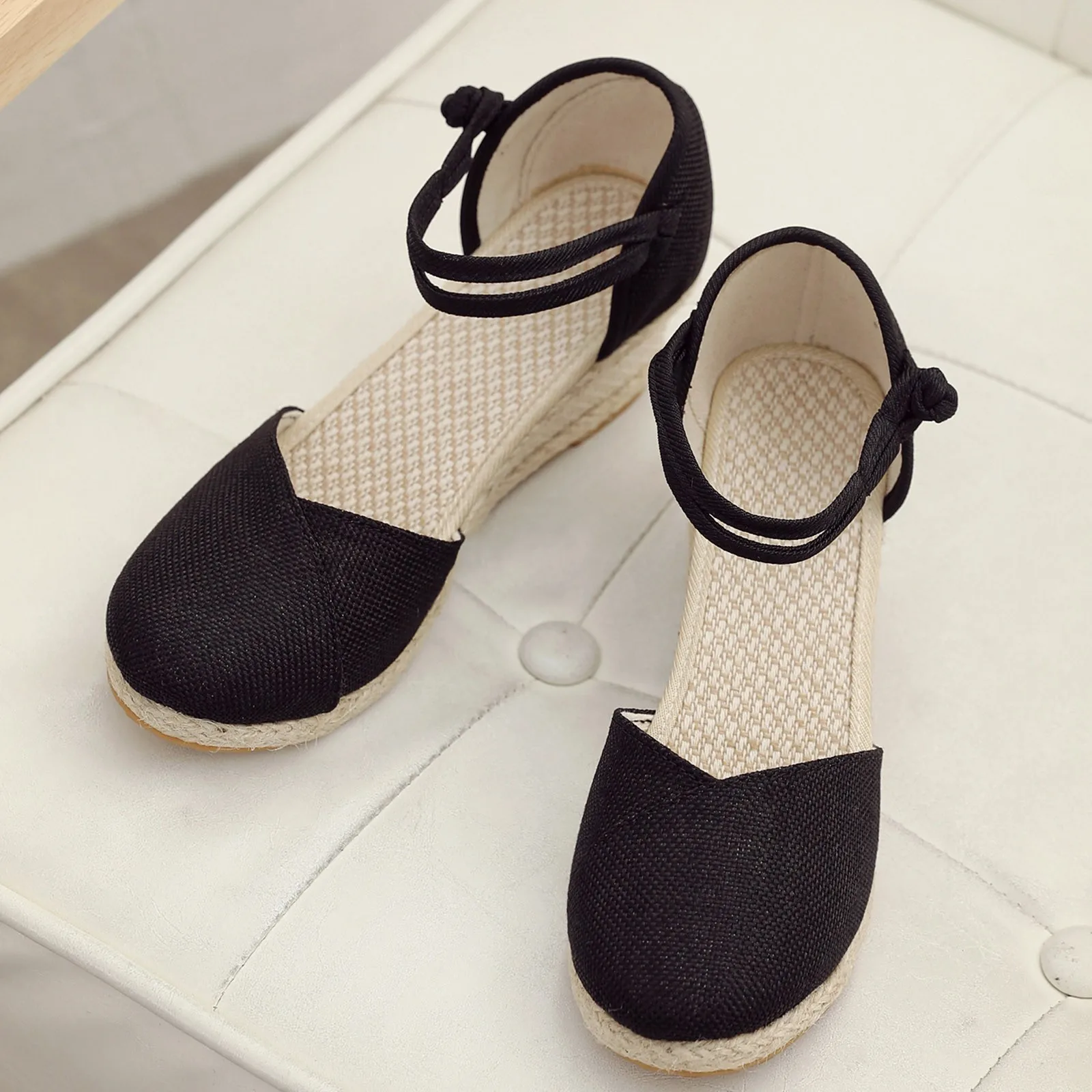 Sandals Women Braided Espadrille Knot Button Ankle Strap Wedge Sandals Linen Wedge Summer 6cm Heel Platform Espadrilles Shoes