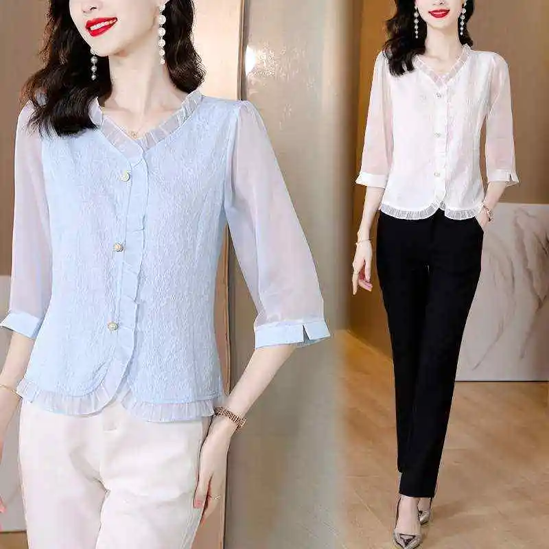 High-End V-Ne Beautiful ort-Sved Chiffon irt Women's Korean Sle Straight Cut  Knot Cold-Resistant Thin Co...