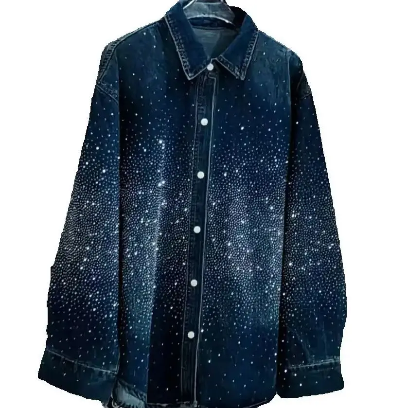 Foto Real Tendencia Otoño 2026 Camisas y Blusas Vaqueras Oversize Vintage Azules para Mujer, Top Vaquero Holgado Casual, Ropa de Mujer