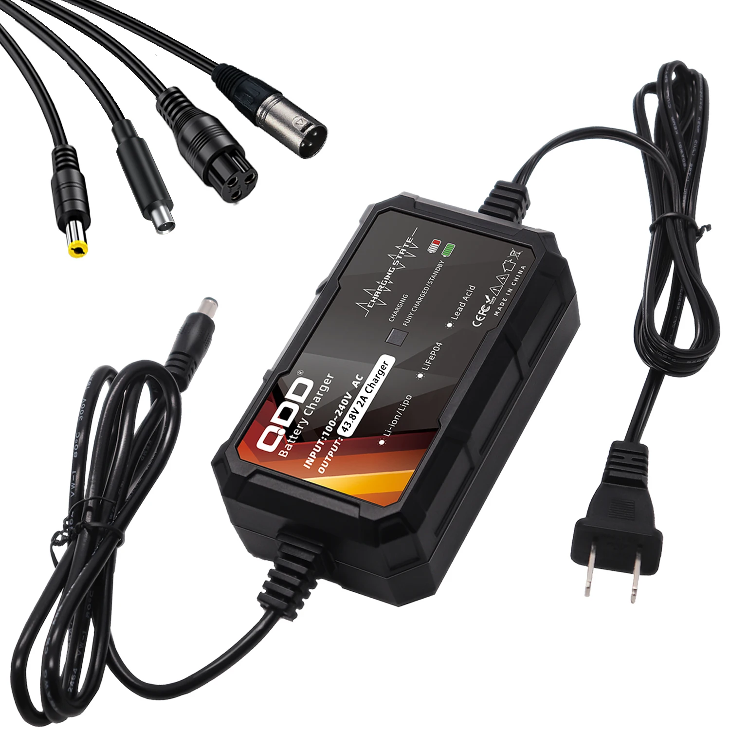 

QDD 43.8V 2A LiFePO4 Charger is Suitable for 12S 38.4V LiFePO4 Battery Pack with Multiple Connector Adapters