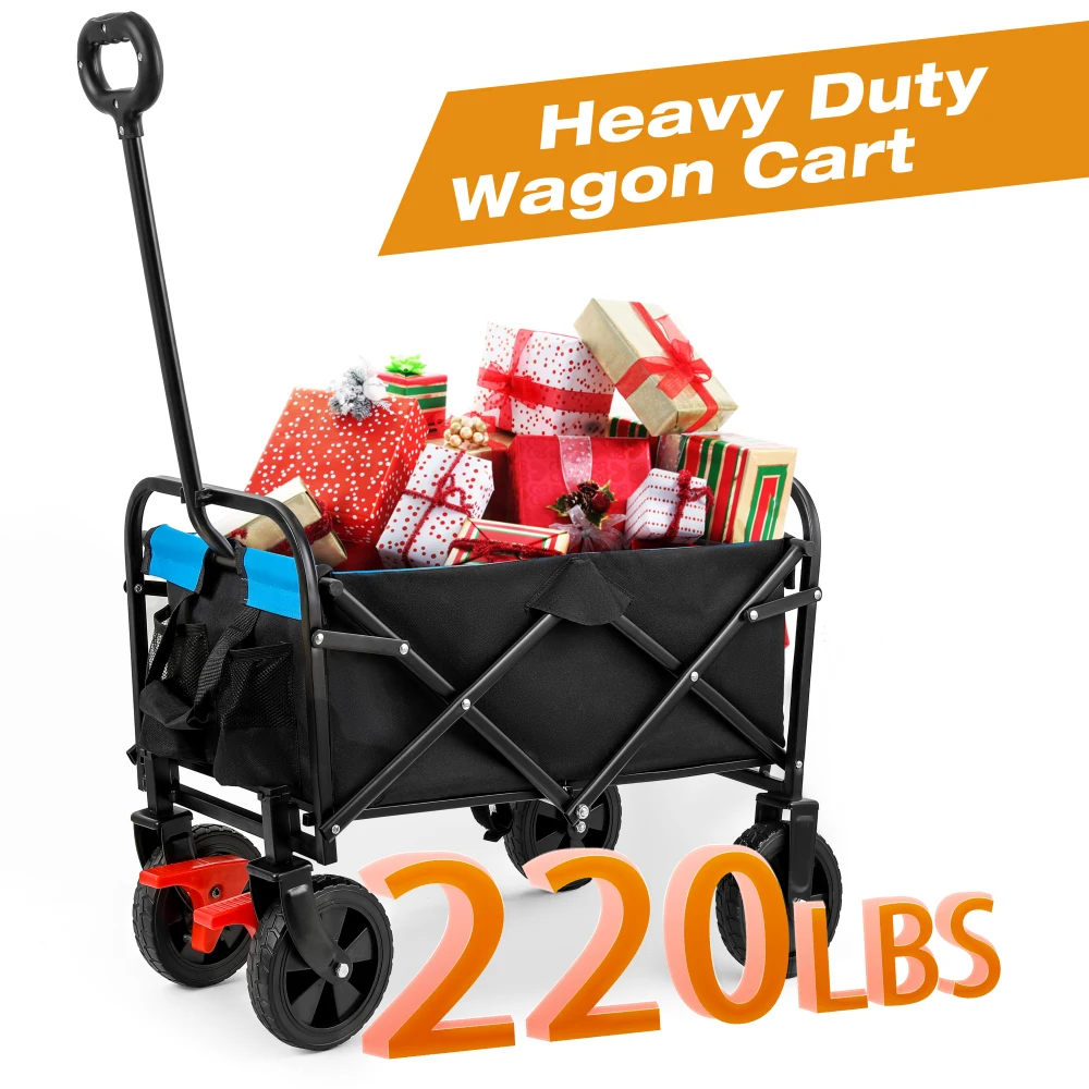 Mini Folding Wagon Garden Shopping Beach Cart (black+blue+brake)All-Terrain Wheels Drink Holders Sports Wagon Camping Shopping