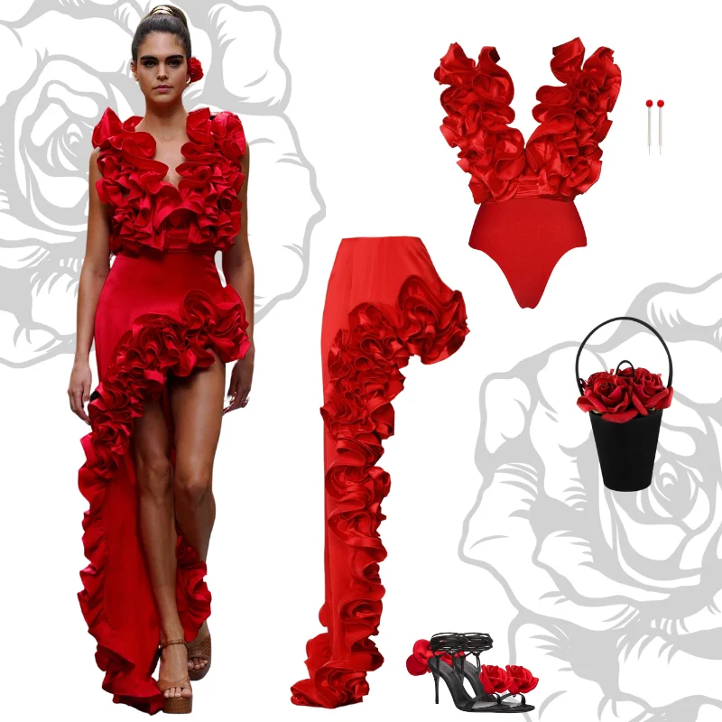 2024 Sexy Red 3D Ruffle Flower One Piece and Skirt set Swimwear beachwear Party Dress  Clearance Wholesale