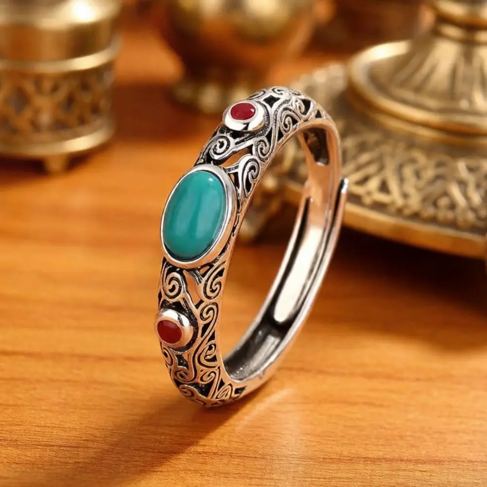 Adjustable Opening Auspicious Clouds Ring Hollow Pattern Thai Silver Ethnic Style Ring Copper Metal Irregular Opening Ring