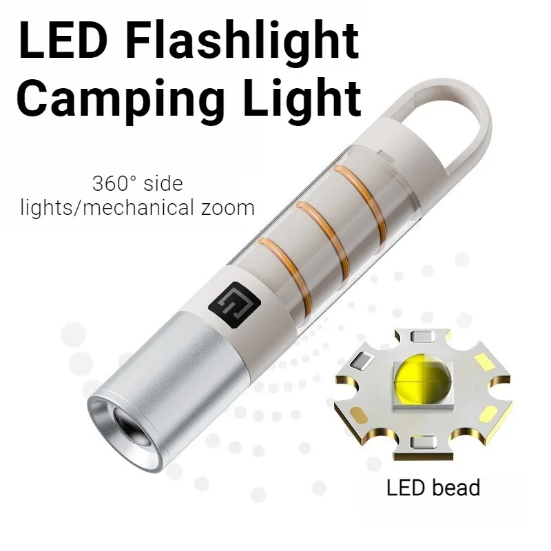 Multi-functional Portable LED Flashlight Zoom Torch with Hook 360° Side Light Type-C Charging Outdoors Camping Lamp