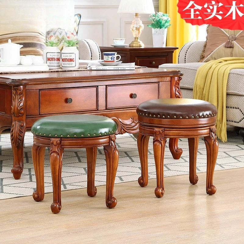 

American small round stool solid wood small bench living room coffee table stool casual low stool