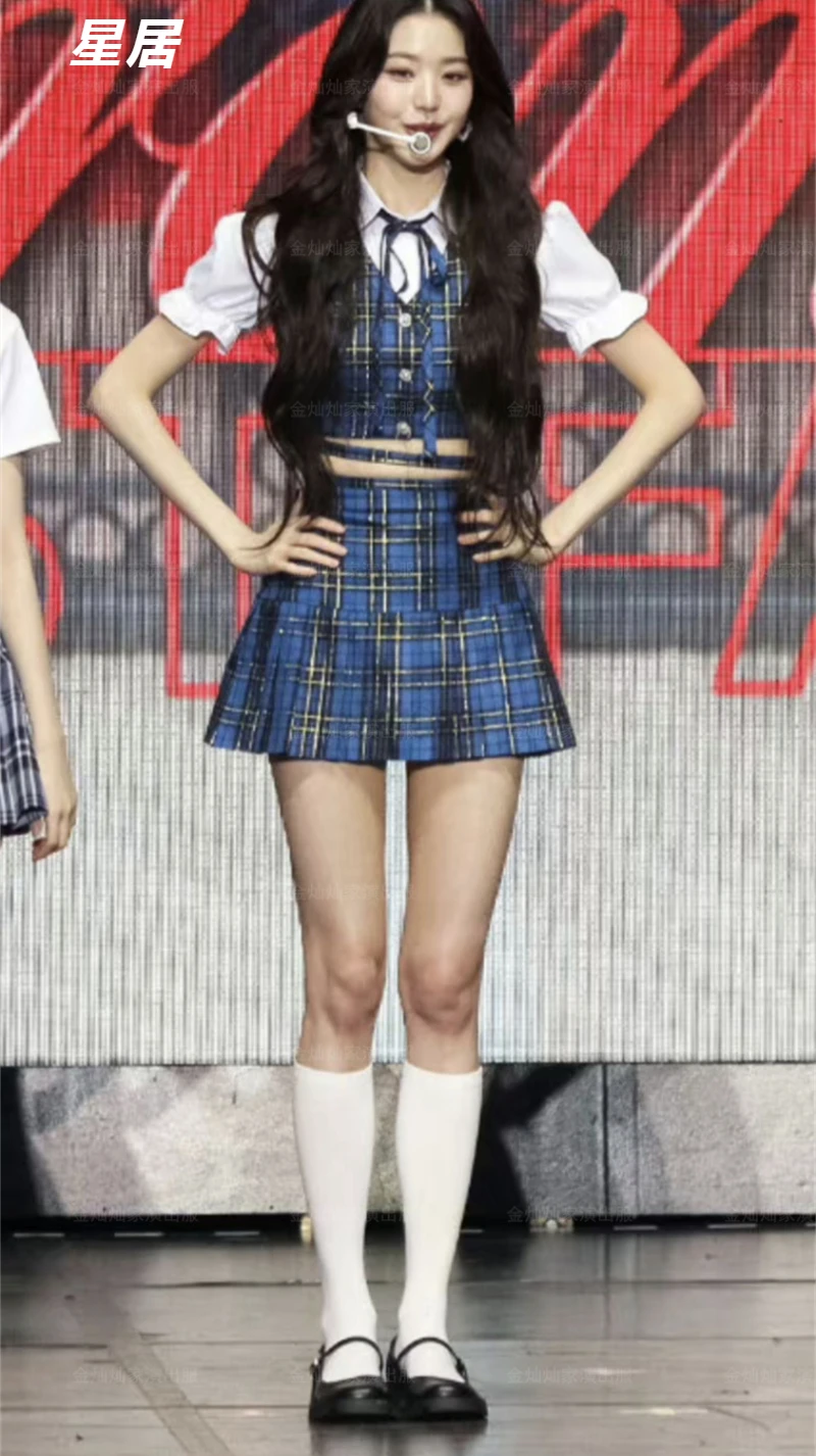 Kpop Korean Singer Concert Jazz Dance Sexy Plaid Vest Crop Tops Mini Pleated Skirt Women Rave Outfits Stage Performance Costume