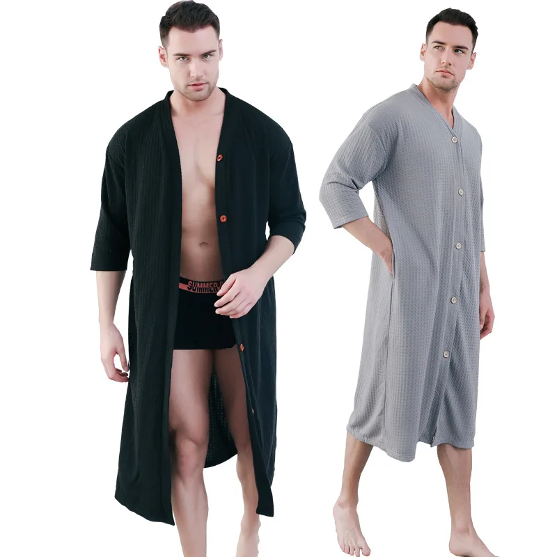 New Button Men's Pajamas Thin Fattened Plus Size Pajamas Bathrobes One-piece Pajamas Men's Loungewear Robe Kimono Bath Robe Men