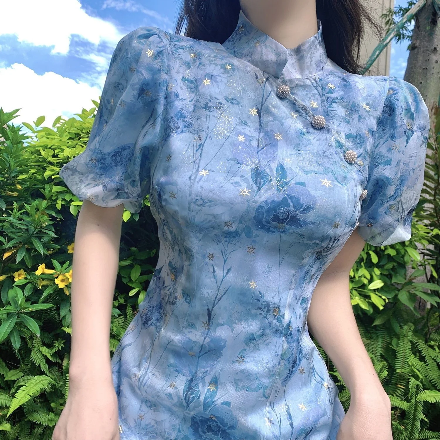 Summer French Short Sleeve Modern Chinese Dress Improvement Cheongsam Girl's Blue Print Fashion Dresses Qipao