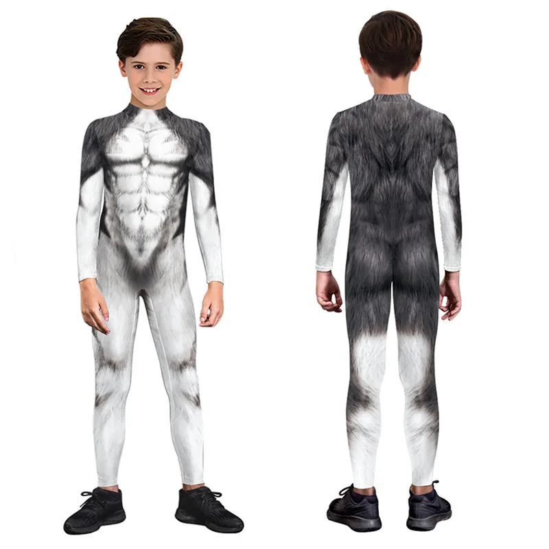 Kids Jongens Meisjes Cosplay Kostuum Zentai Jumpsuit Outfit Hobnob Party Rollenspel Jurk Up Bodysuit Wolf Skin Print Sexy Jumpsuits