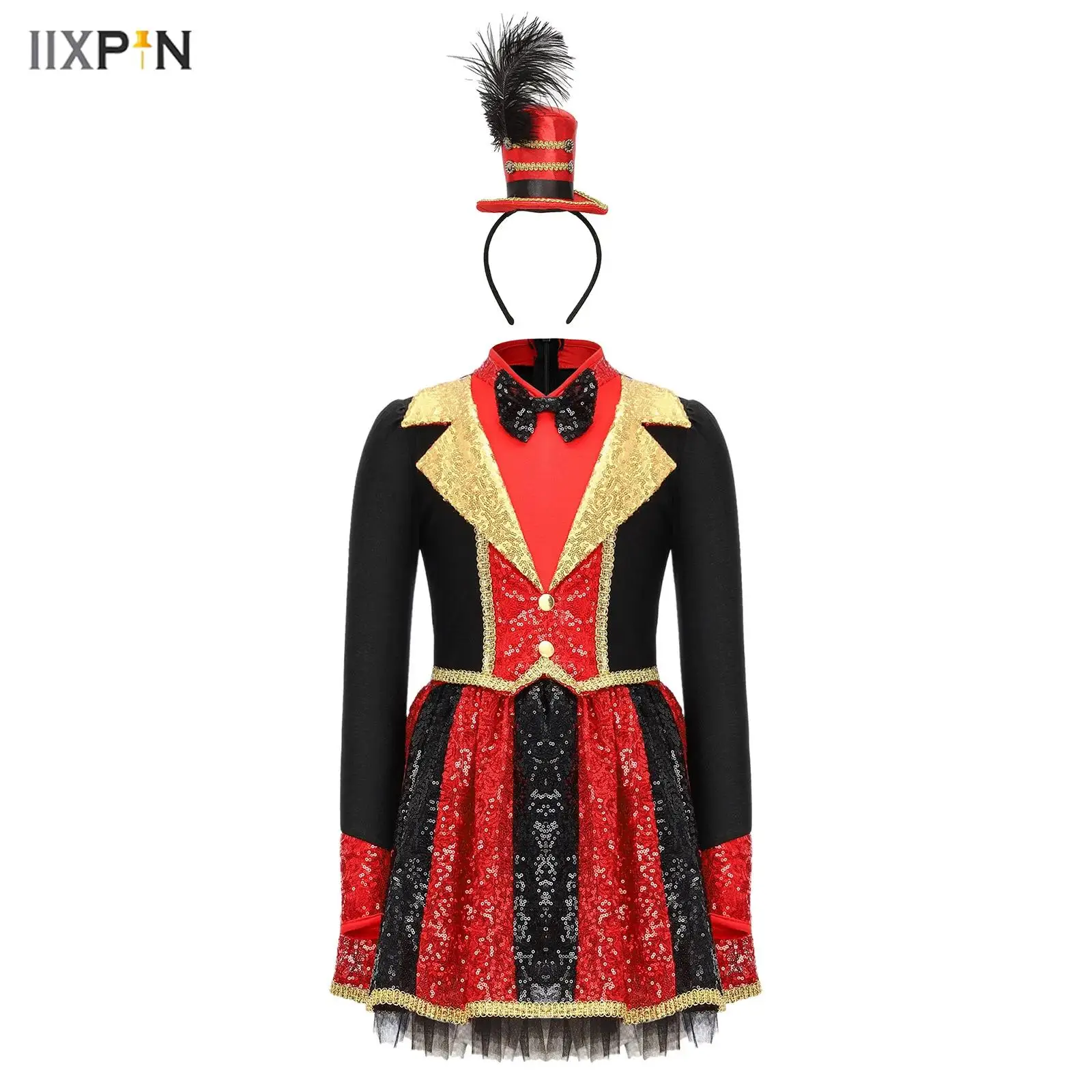 

Girls Halloween Circus Cosplay Costumes 2Pcs Color Block Shiny Sequins Long Sleeve Bow Tie Back Puffy Dress and Top Hat Headband
