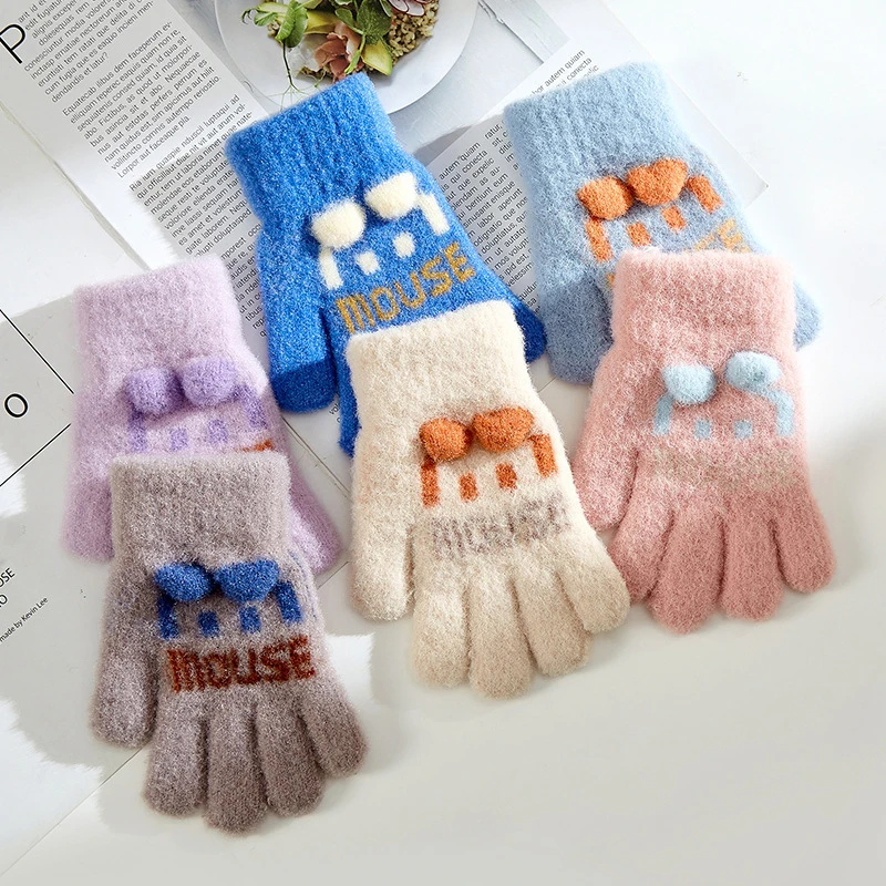 3-8T Kids Girl Winter Gloves Cute Cartoon Warm Toddler Knitted Gloves Stretchy Full Fingers Gloves for Cold Weather Accessory