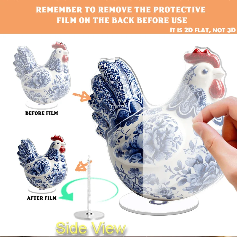 2D Flat, 2D Flat Rotating Ceramic Rooster Ornament, Blue Floral Pattern| Acrylic Material, Decorative Sculpture, Rotatable Angle
