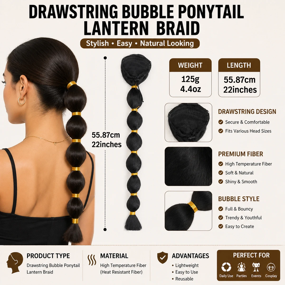Synthetic gold thread bubble ponytail hair extension wig heat-resistant drawstring female fake ponytail natural connection