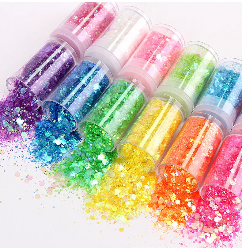 3g * 32 botellas láser para decoración de uñas, lentejuelas brillantes, Holo, hexágono mezclado, copos gruesos y finos Xams, cuerpo brillante/ojos/cara/polvo decorativo para manicura