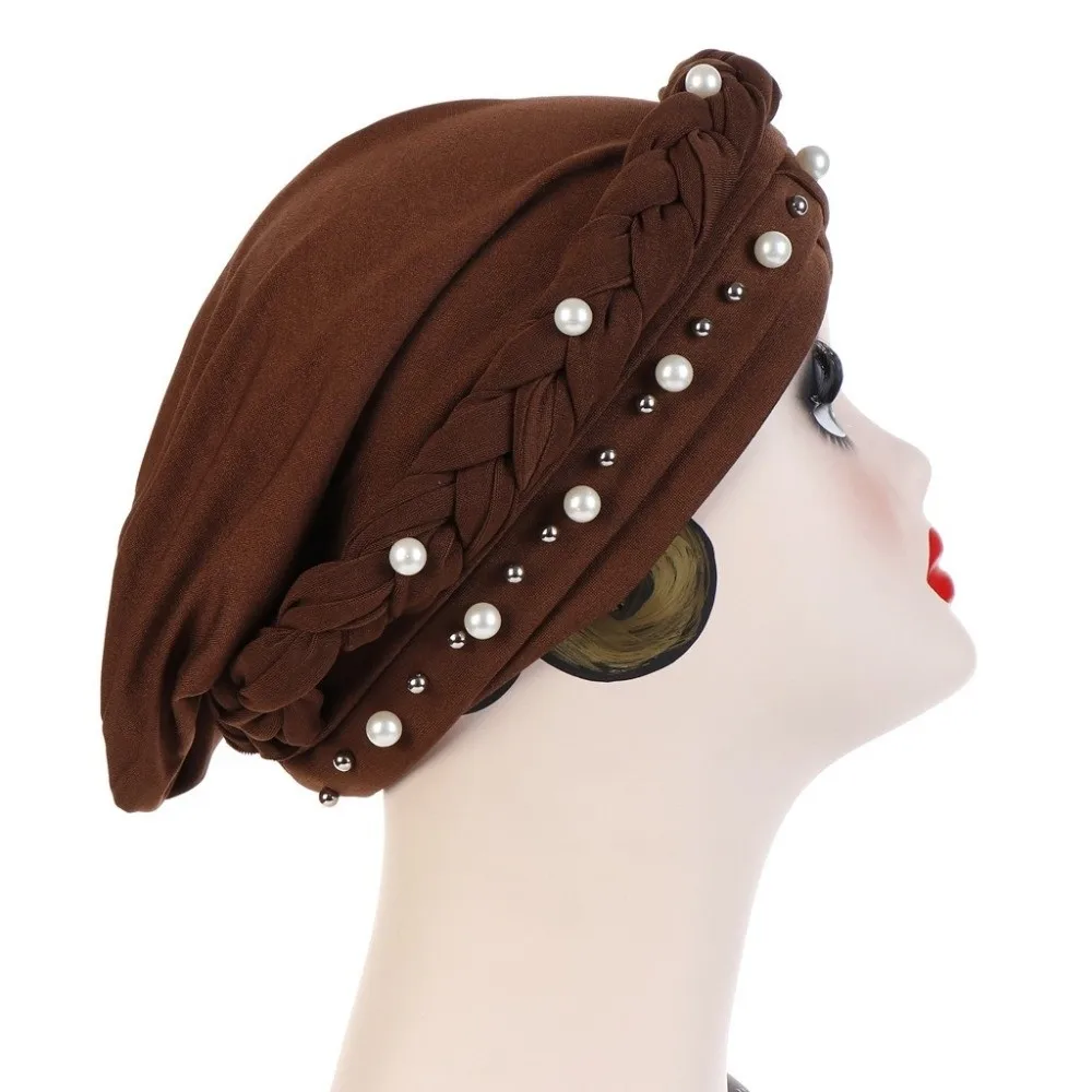 Pearl Bead Pre-Tied Twisted Hijab Solid Color Lightweight Imitation Pearl Turban Hat Breathable Comfortable Head Scarf