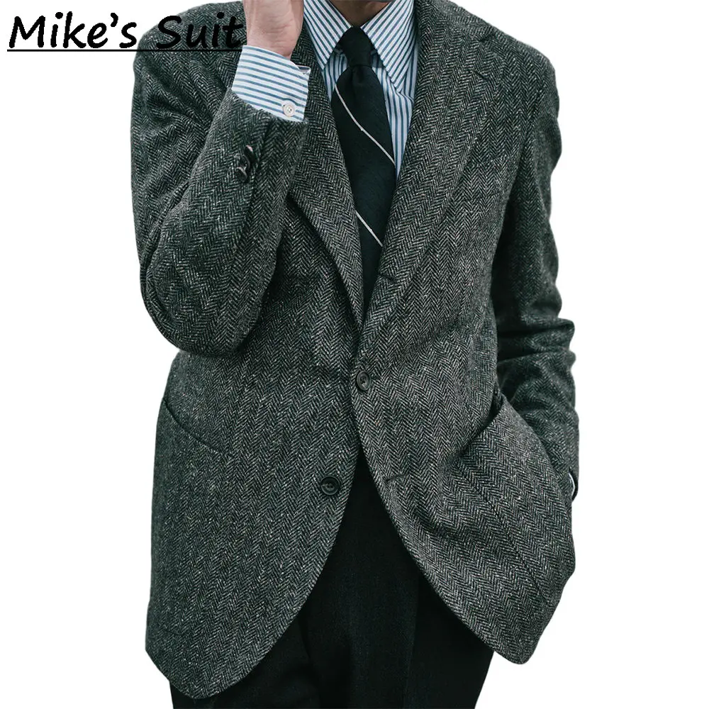 Men Two Buttons Notch Lapel Suit , Speckled Herringbone Wool Tweed Fabric, Country Wedding Relax Fit Blazer