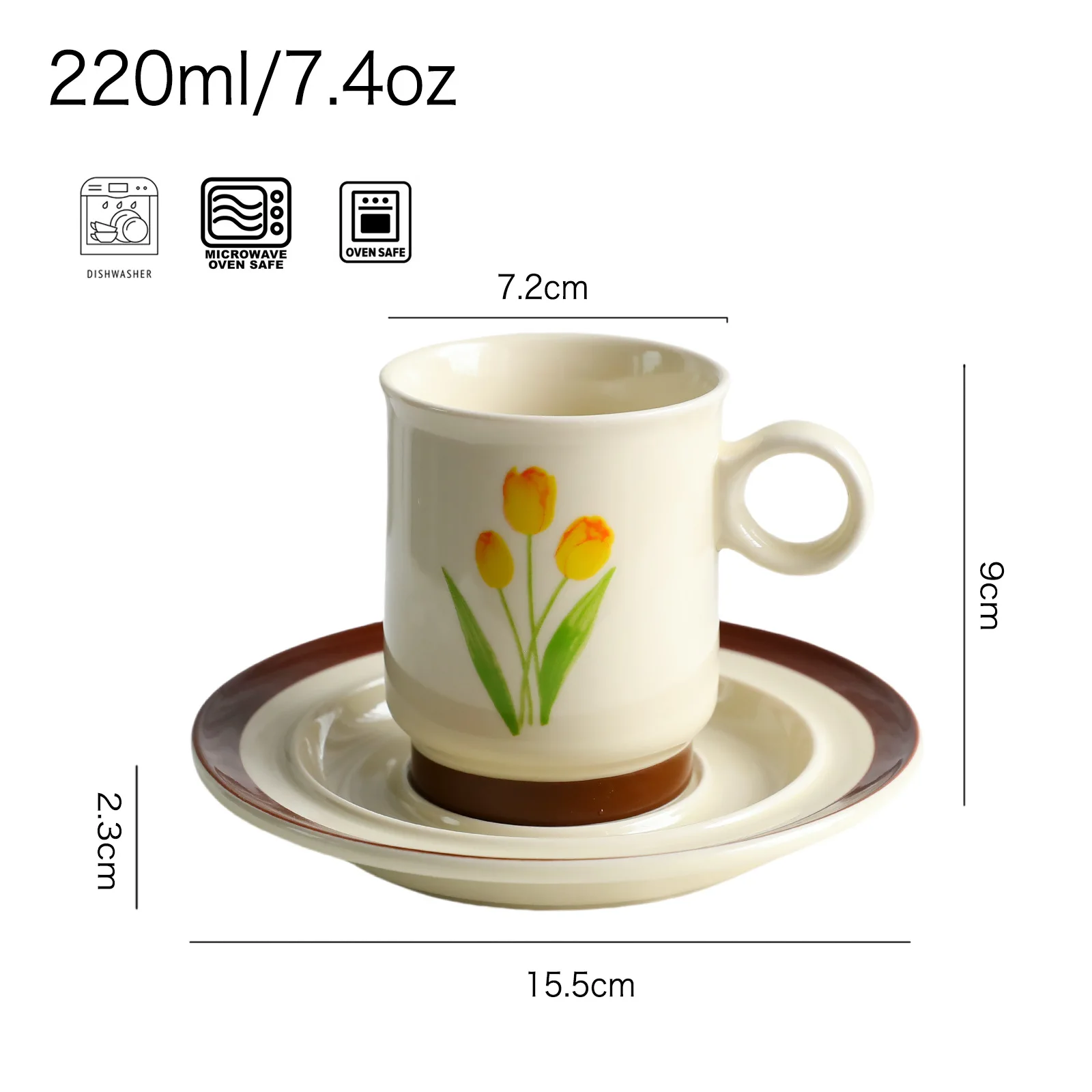 Vintage tulpenmotief, keramische koffiemok, 220 ml, retro bloemenmotief, geschikt voor gebruik in de magnetron, decoratief voor in huis en de keuken, ideaal als cadeau.