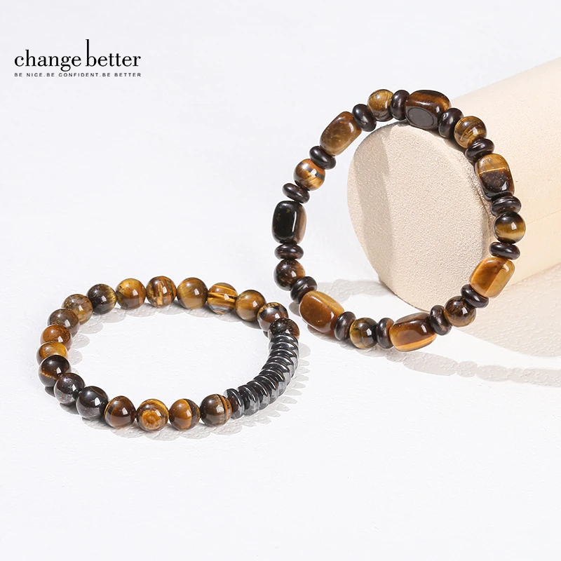 2 Pcs/lot Natural Yellow Tiger Eye Stone Square Bead Hematite Spacer Bracelets Women Men Classic Chakras Healing Wrist Jewelry