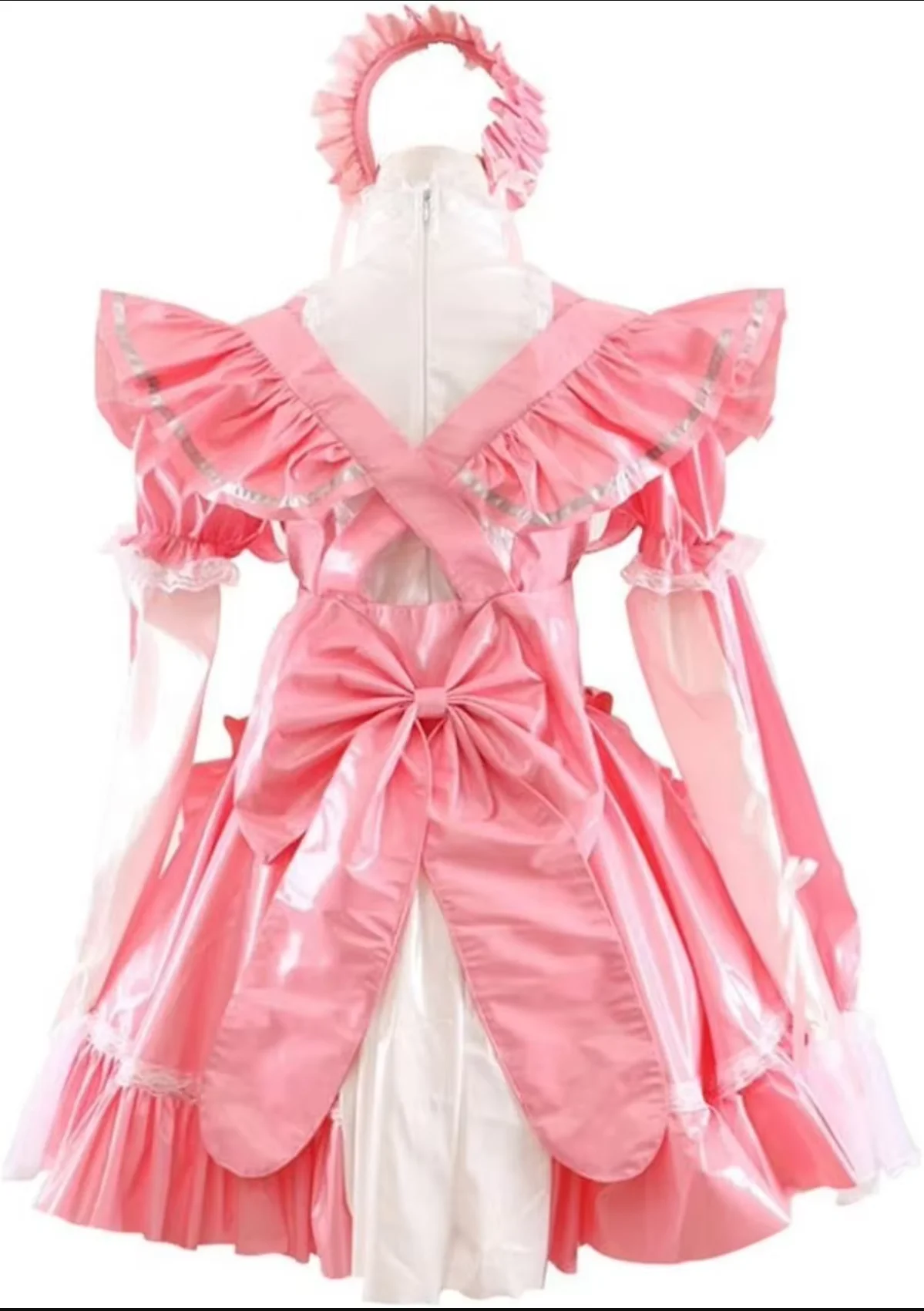 Francês sexy adulto personalizado fetichismo crossdressing sissy rosa pvc manga longa ombro fofo cintura cruz avental renda incrustada