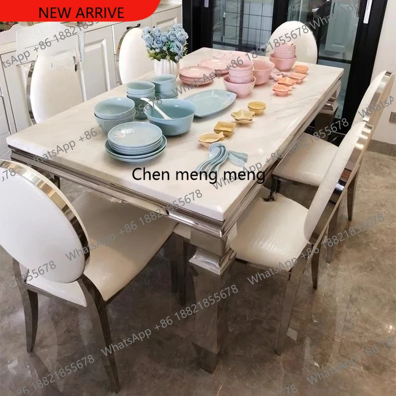 

Набор обеденных столов и стульев A178: прямоугольный стол из нержавеющей стали с мраморной столешницей, мебель для столовой.