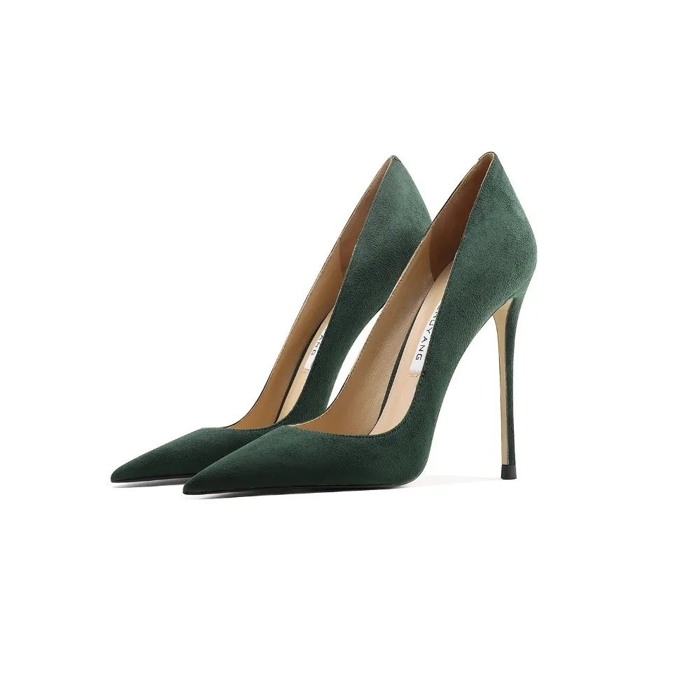 

Pointed High Heels Women Genuine Leather Suede Dark Green French Sexy Stiletto Pumps