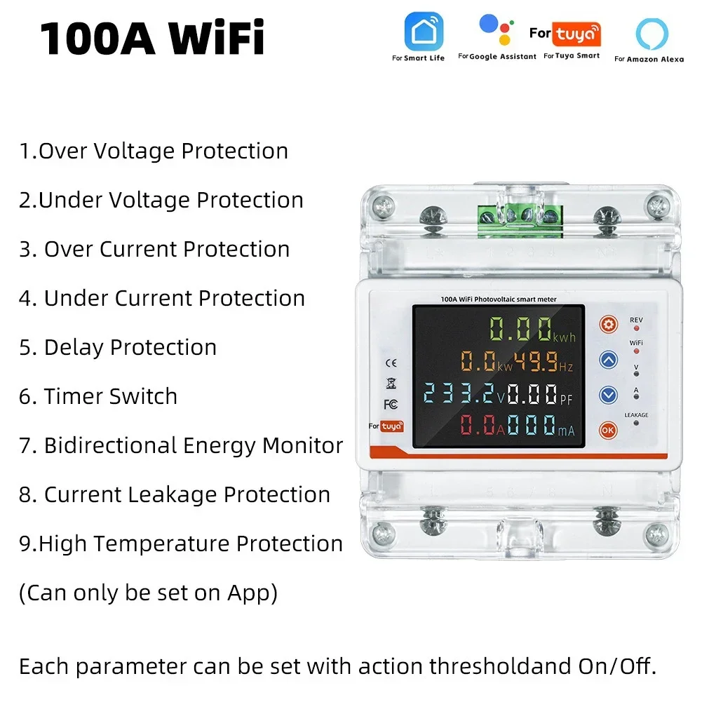 WiFi Single Phase Meter With Surge Protection Smart Circuit Breaker For Tuya  Business Buildings Solar Photovoltaic Systems