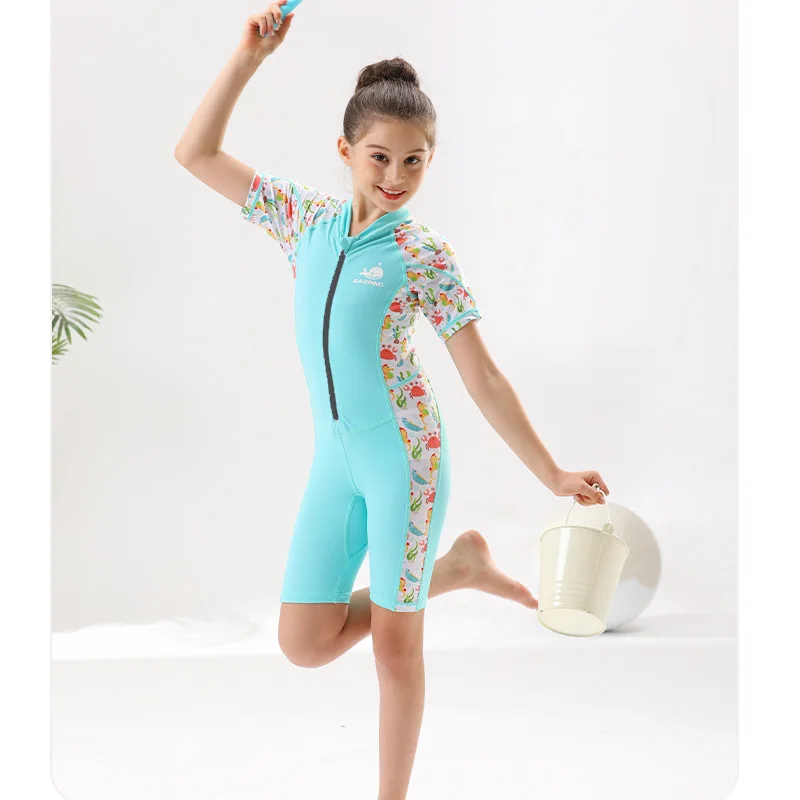 

Girls Swimsuit Short Sleeve Rashguard One Piece Swimwear Zipper Front Bathing Suit Swimwear Sunsuit Quick Dry for Water Sports