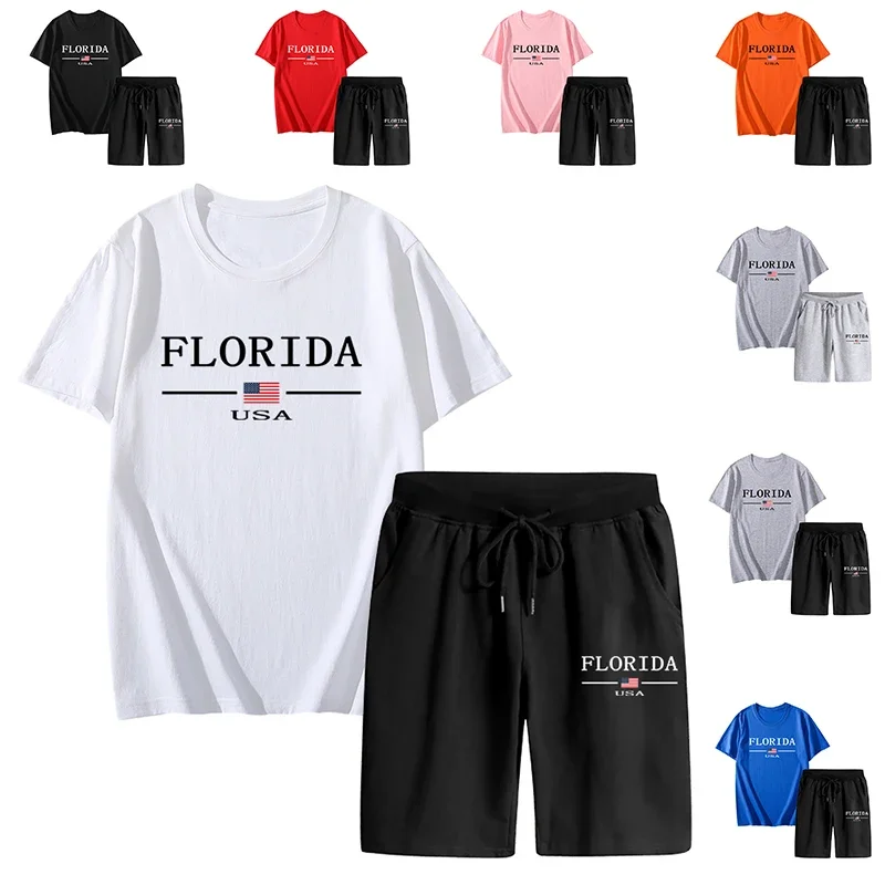 

Florida Popular T-shirts Short Pants High Quality Mens Daily Casual Sport Streetwear the Usa Flag Printed Short Sleeved 2pcs Set