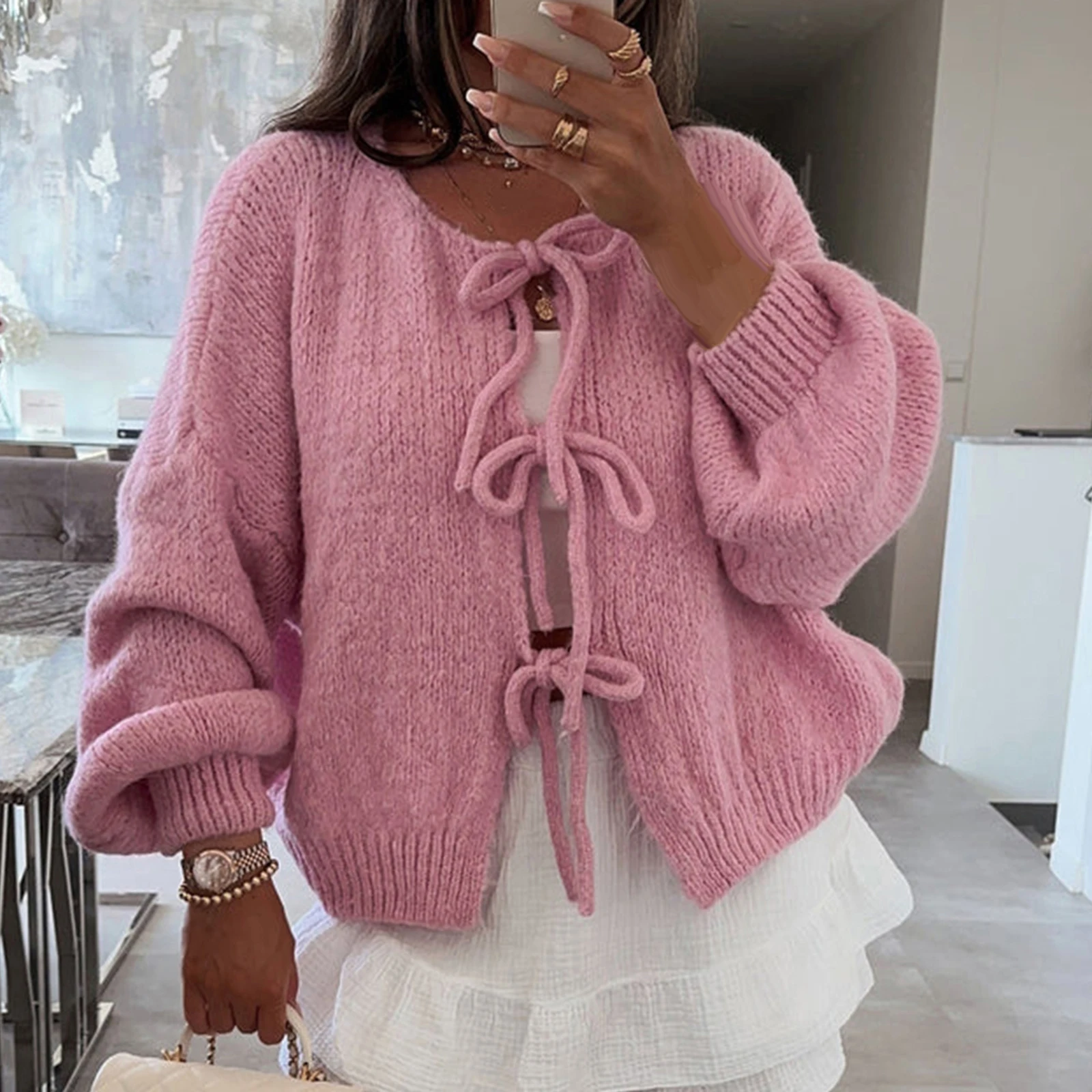 Women\'s Y2K Aesthetic  Fall Tie Front Sweater Solid Color V-Neck Long Sleeve Loose Knitwear Cardigan